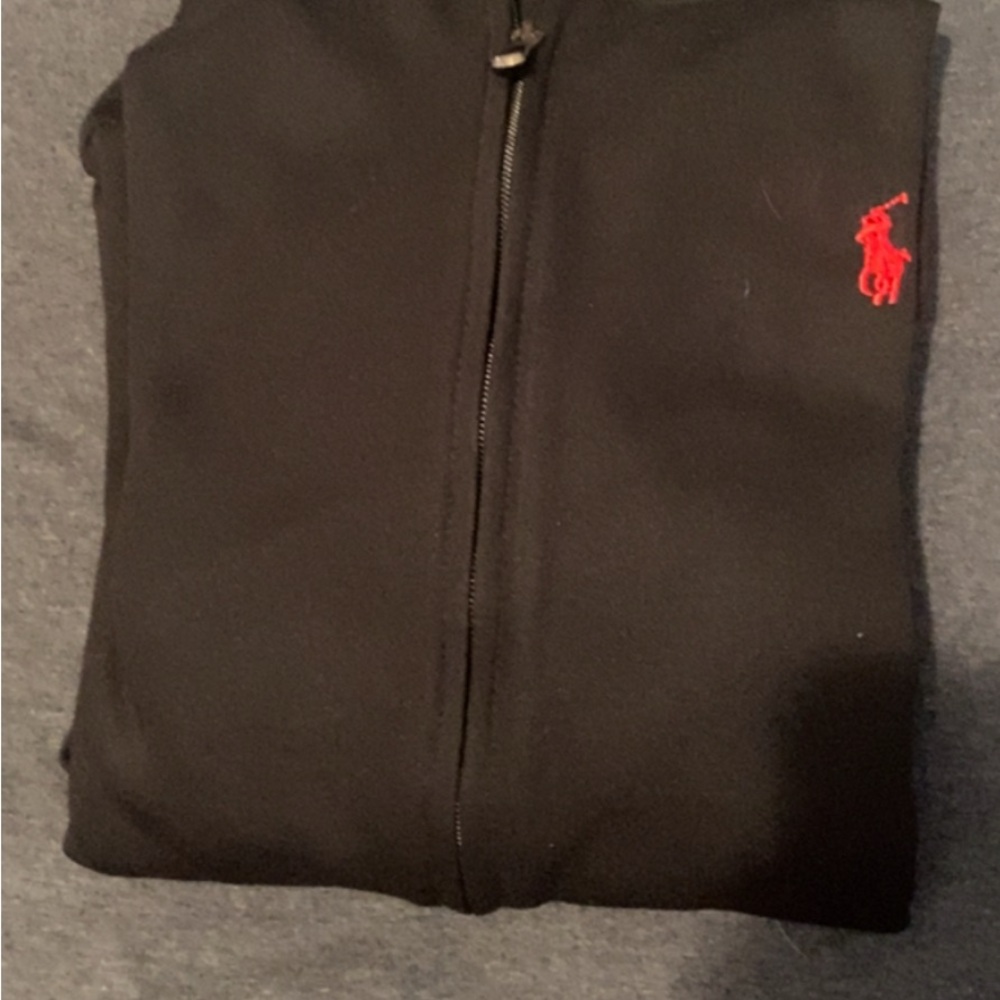 Black Polo Zip-Up Hoodie with Red Logo